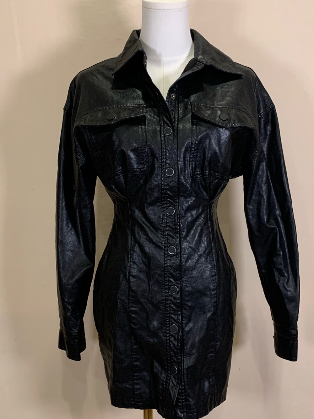 Line and Dot Black Faux Leather Shirt Dress